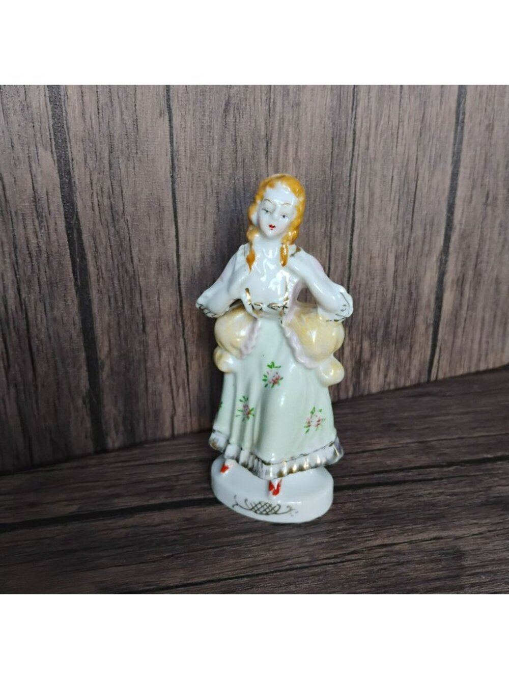 Vintage Hand-Painted Porcelain Figurine, 6" Woman In Floral Dress, Made In Japan